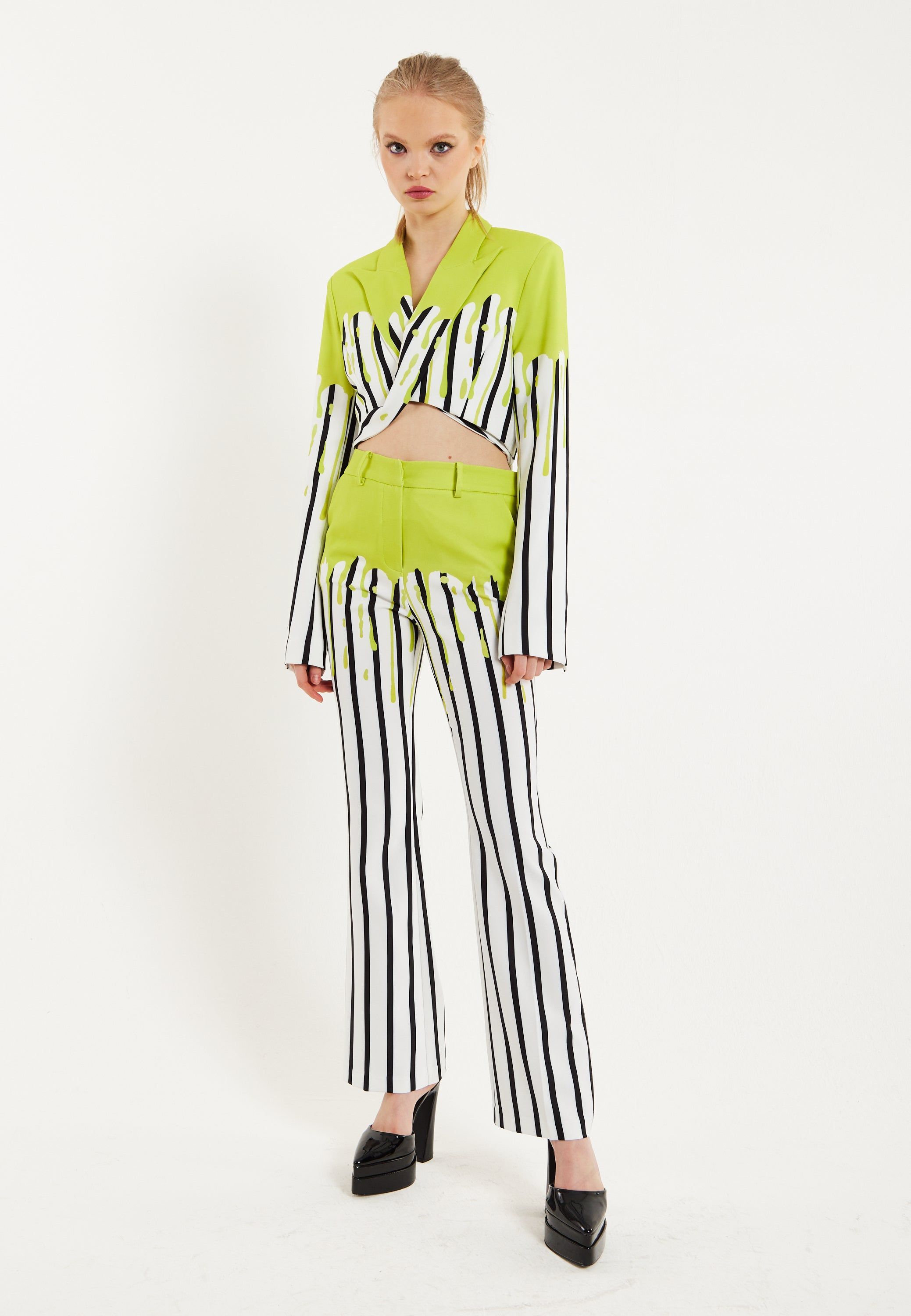 House of Holland Stripe Monochrome Acid Green Splash Crop Blazer With Belt