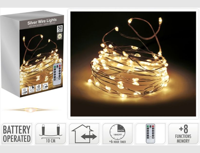 LED-Drahtlichterkette 50 LEDs warmweiß mit Fernbedienung und Timer