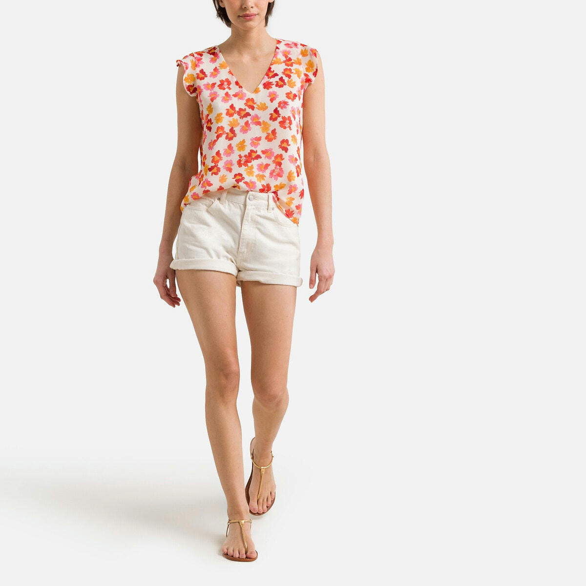 Blouse col v, sans manches, imprimée