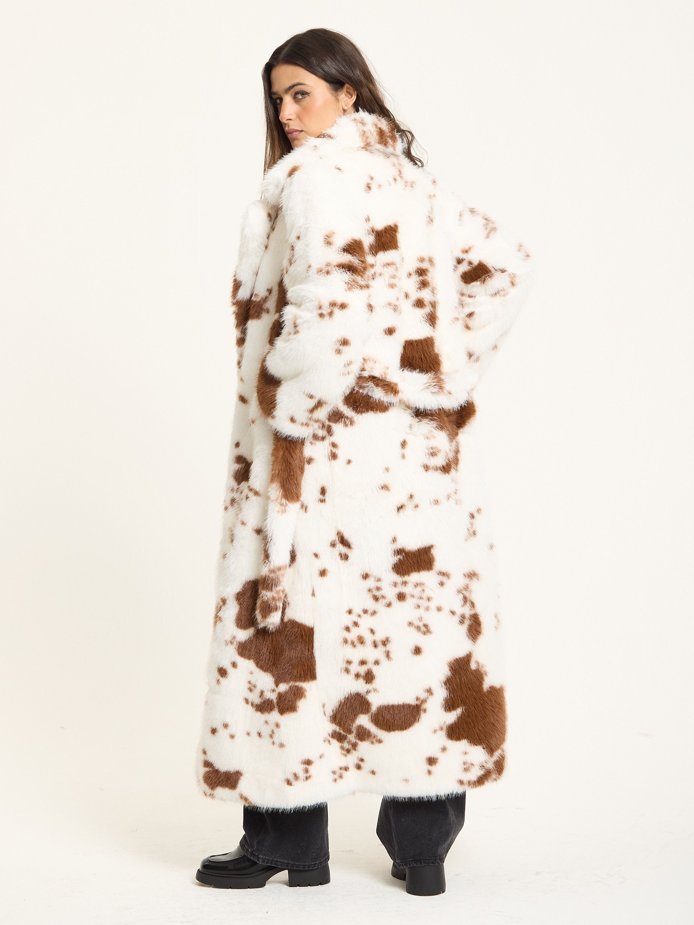 House of Holland Brown and White Faux Fur Cow Coat