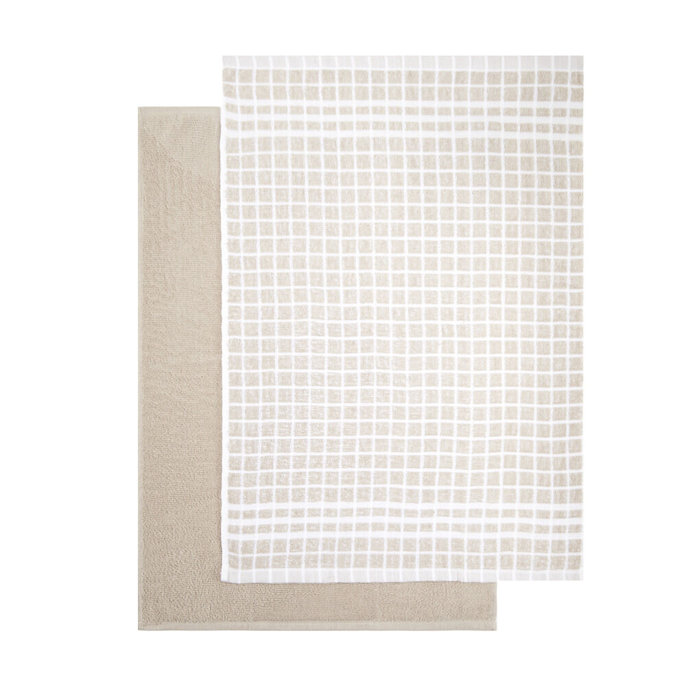Lot de 2 torchons rectangulaires 50x70cm 100% coton blanc et beige