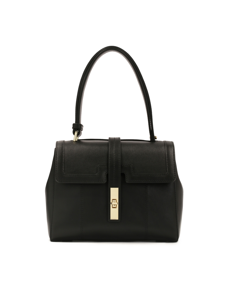 Black leather handbag with unique flap