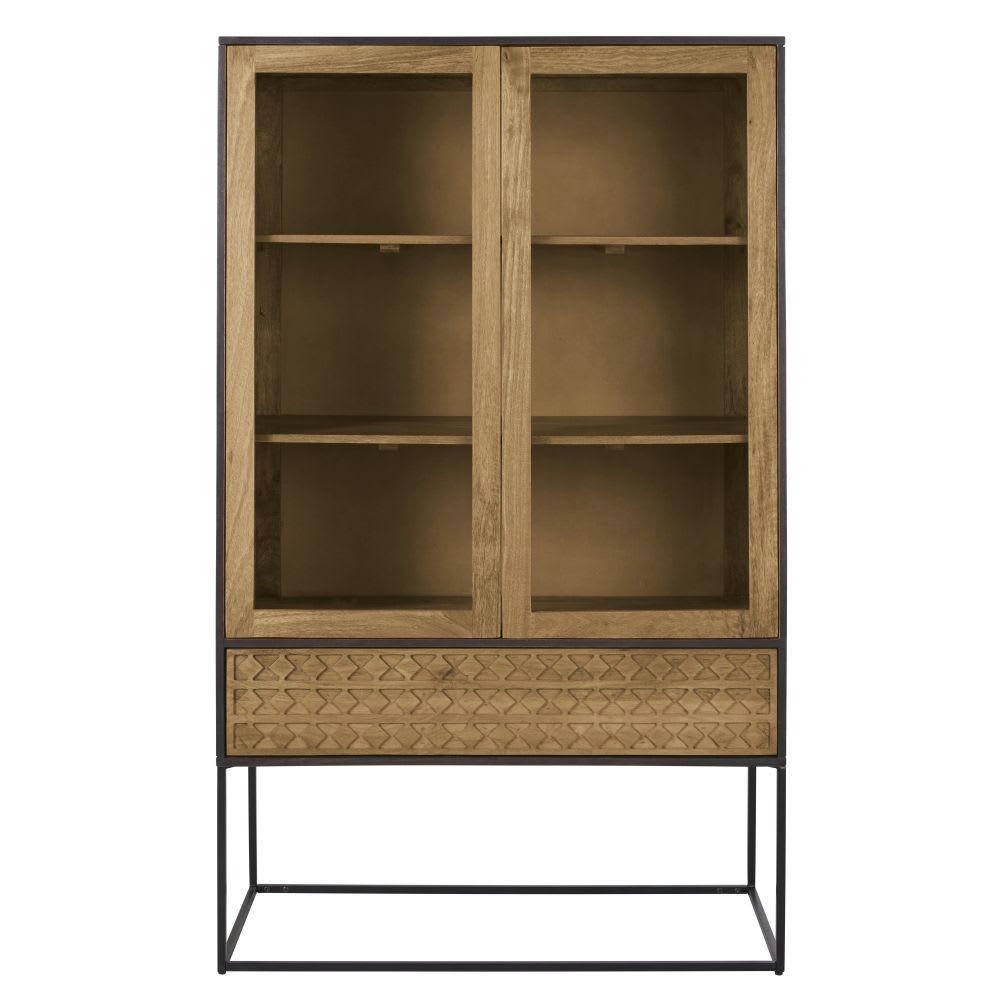 Makao - Vitrine 1 tiroir 2 étagères en métal noir et en bois