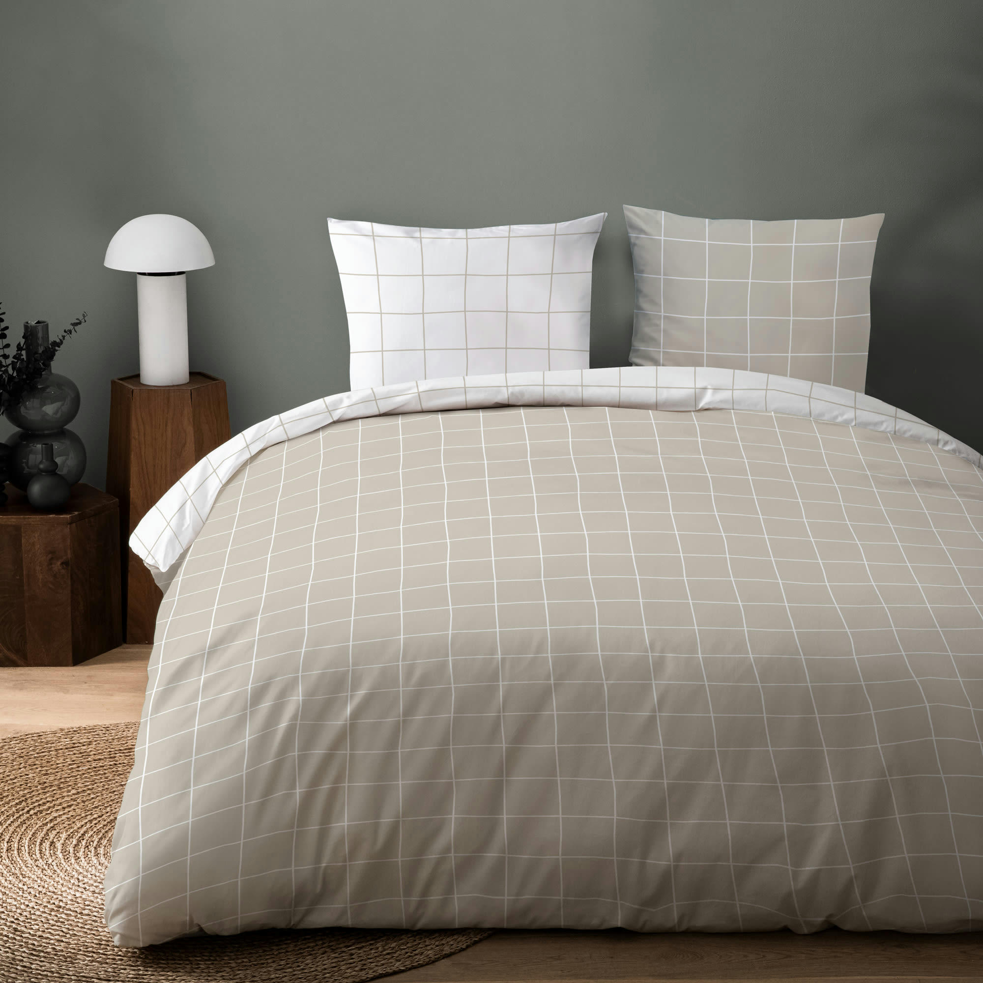 GREIGE CHECKS - Parure de lit imprimée en coton Grège 240x220+2x65x65cm