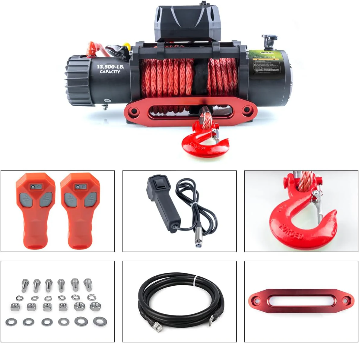 13500lb Waterproof Electric Red Synthetic Rope Winch with Hawse Fairlead, Wired Handle and 2 Wireless Remote (RED)(DUAL COLOR)