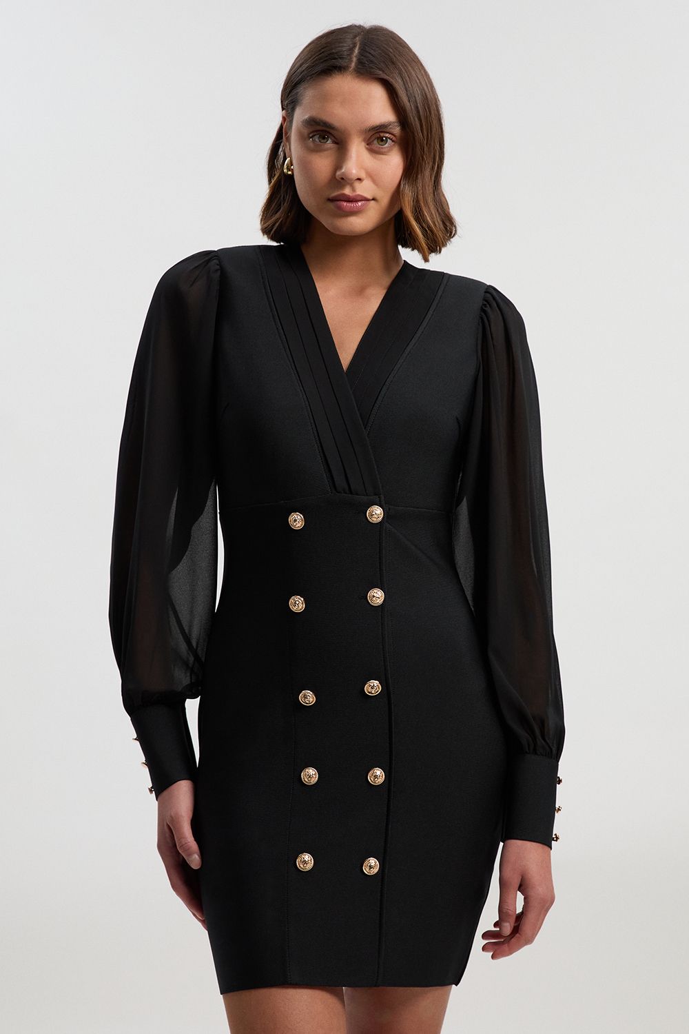 KarenMillen Figure Form Bandage Woven Mix Military Button Blazer Knit Mini Dress