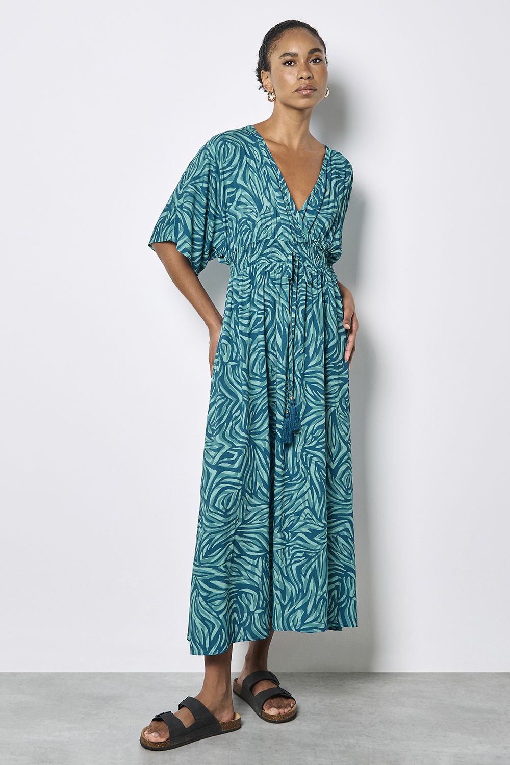 Apricot Zebra Print Kimono Midi Dress