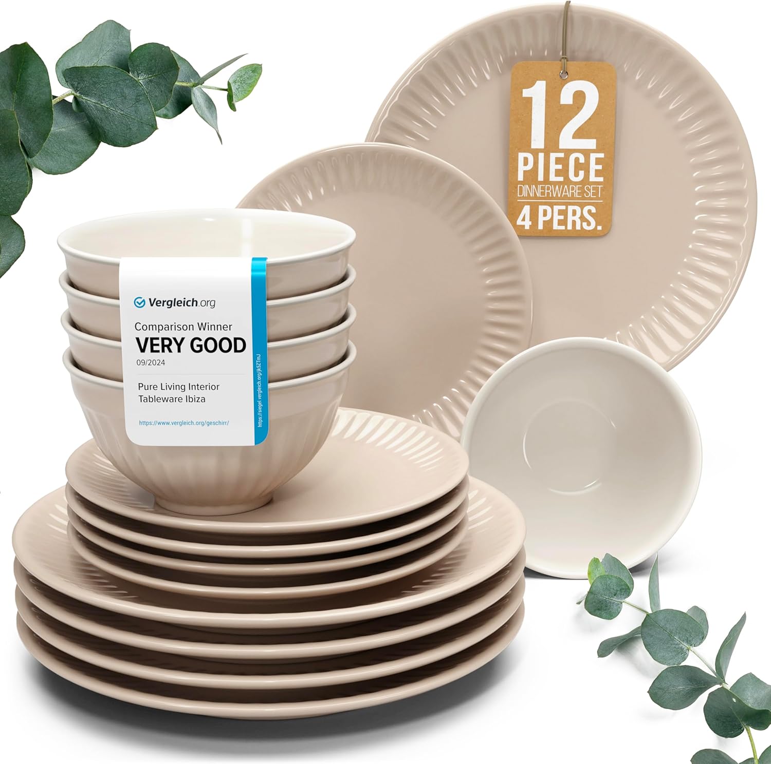 Stoneware Dinnerware Set for 4 People HYGGE 12-Piece - Elegant Scandi Design - Premium Dish Set - Bowl and Plate Set - Tableware for 4 People in a Ribbed Design - Pure Living in Light Brown