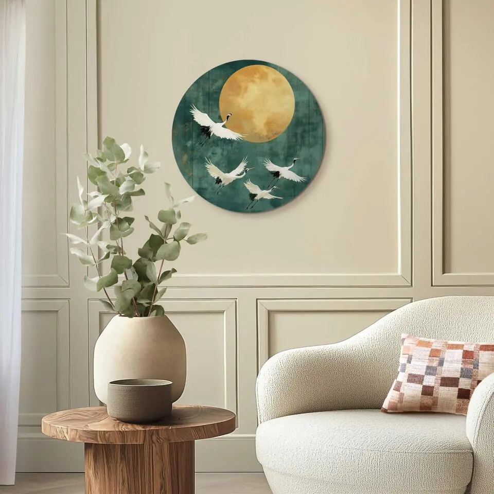 Glasschilderij Kraanvogels in de nacht - &Oslash; 50 - Groen