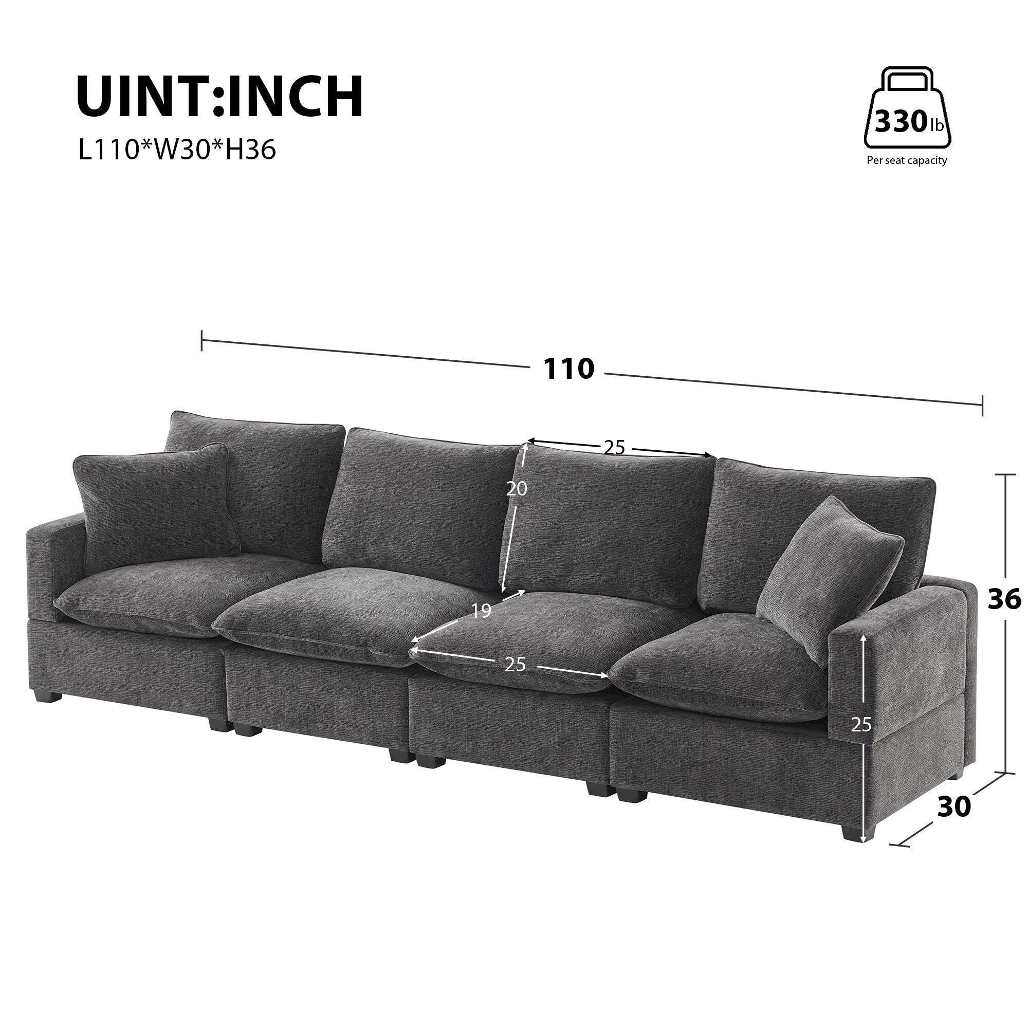 Black 84 Modular Chenille 4-Seat Sectional Sofa Set with 2 Pillows and Removable Cushions, Perfect for Living Space