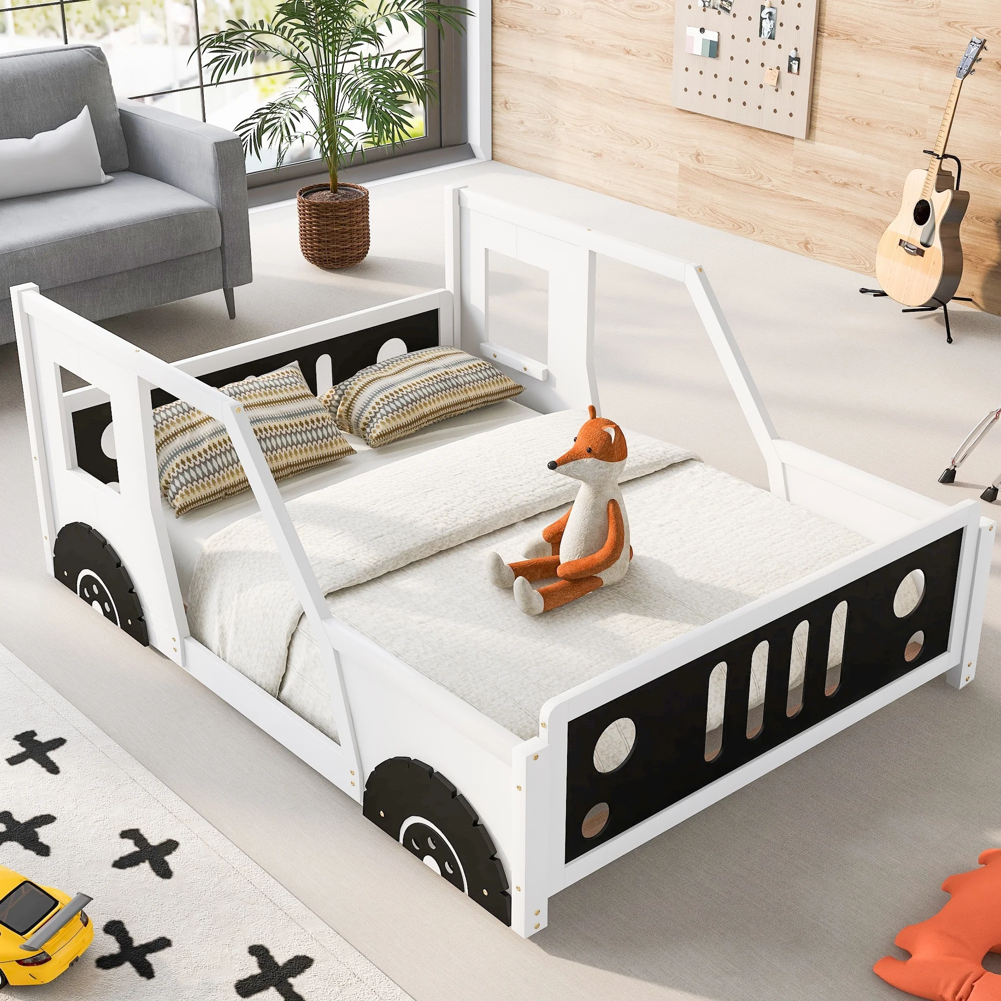 Full Size Classic Car-Shaped Platform Bed with Wheels and Doors, Fun Design