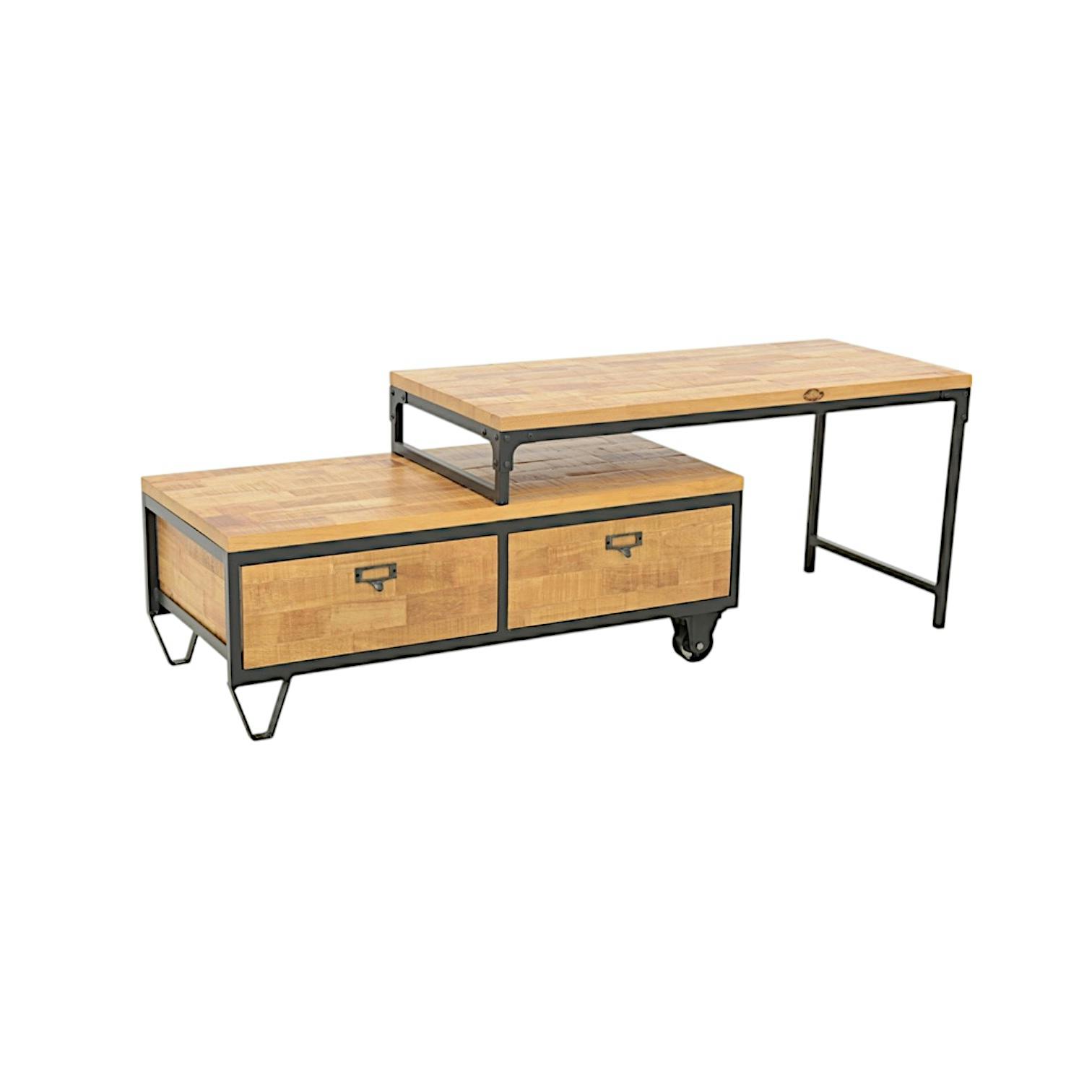 Meuble TV à roulettes en 2 parties, 2 tiroirs, 1 grand plateau en Hévéa recyclé naturel et métal 100x45x50cm LOFT