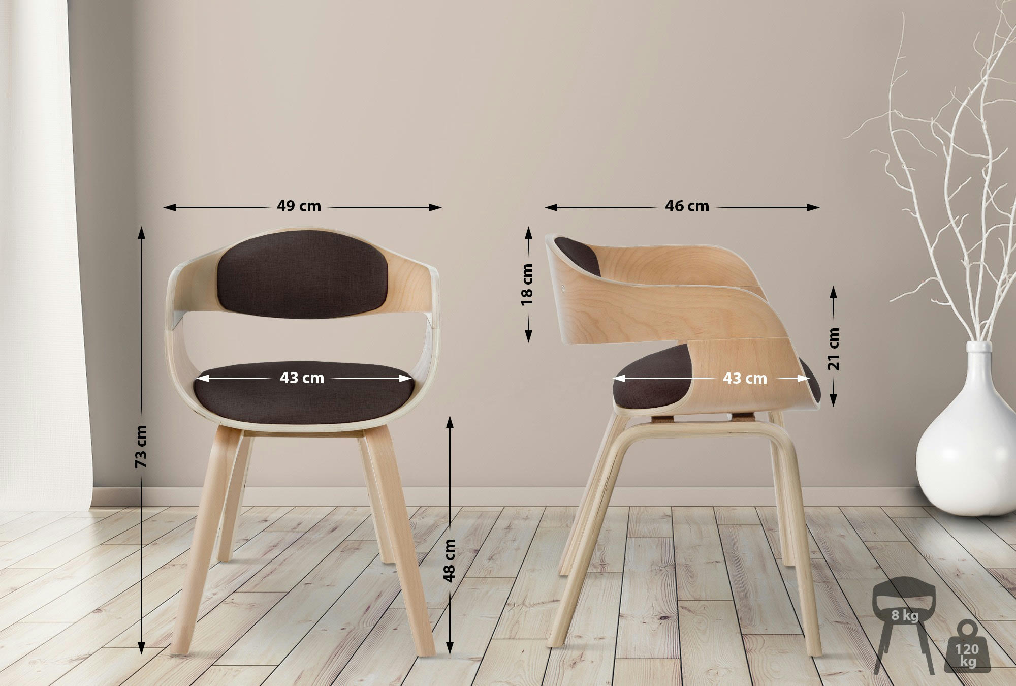 KINGSTON - Chaise avec dossier ajouré et accoudoirs en tissu Nature / Marron