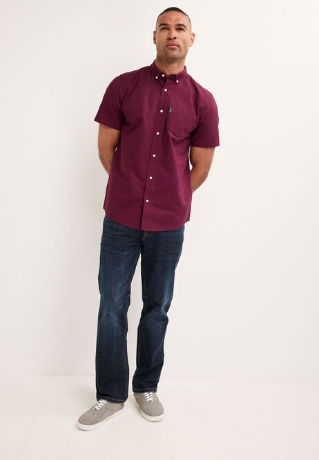 Mens Burgundy Cotton Oxford Short Sleeve Shirt