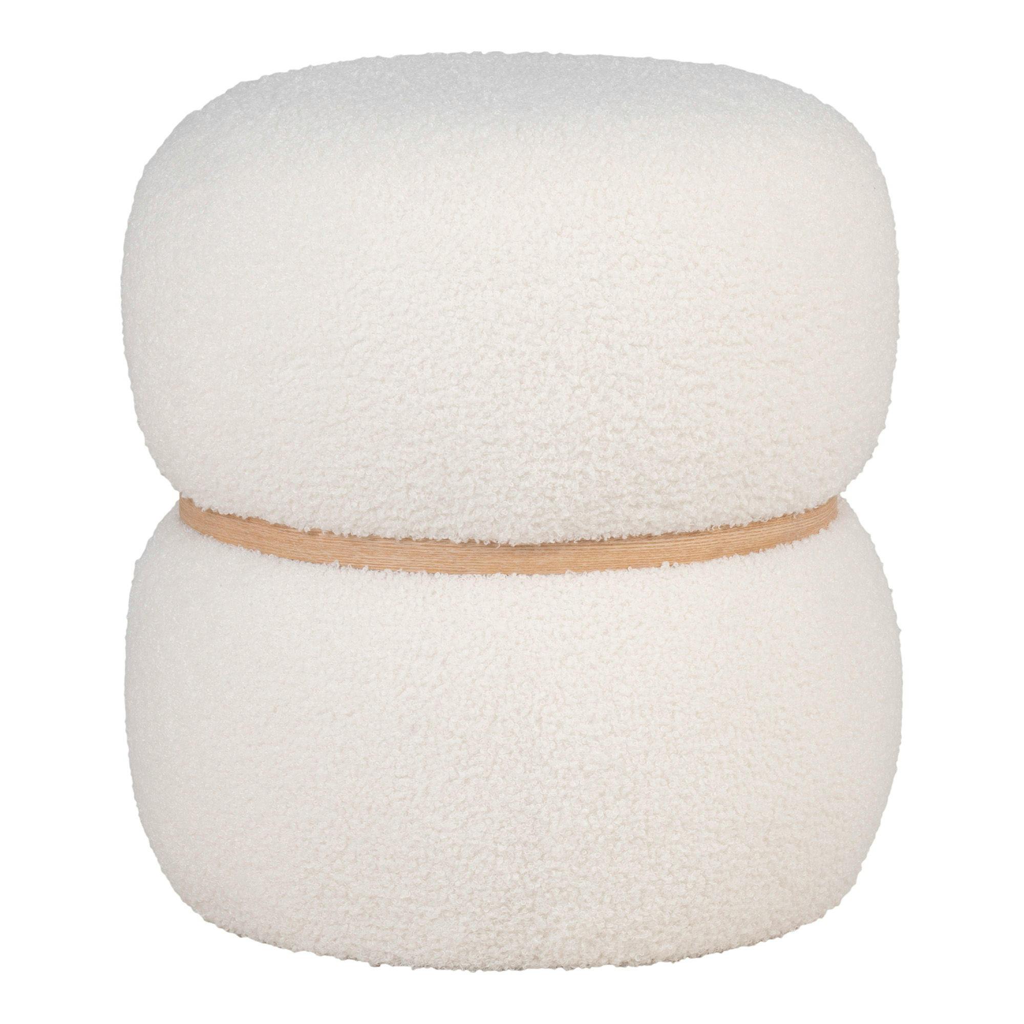 Pouf de salon blanc effet fourrure avec cerclage bois BRUGES