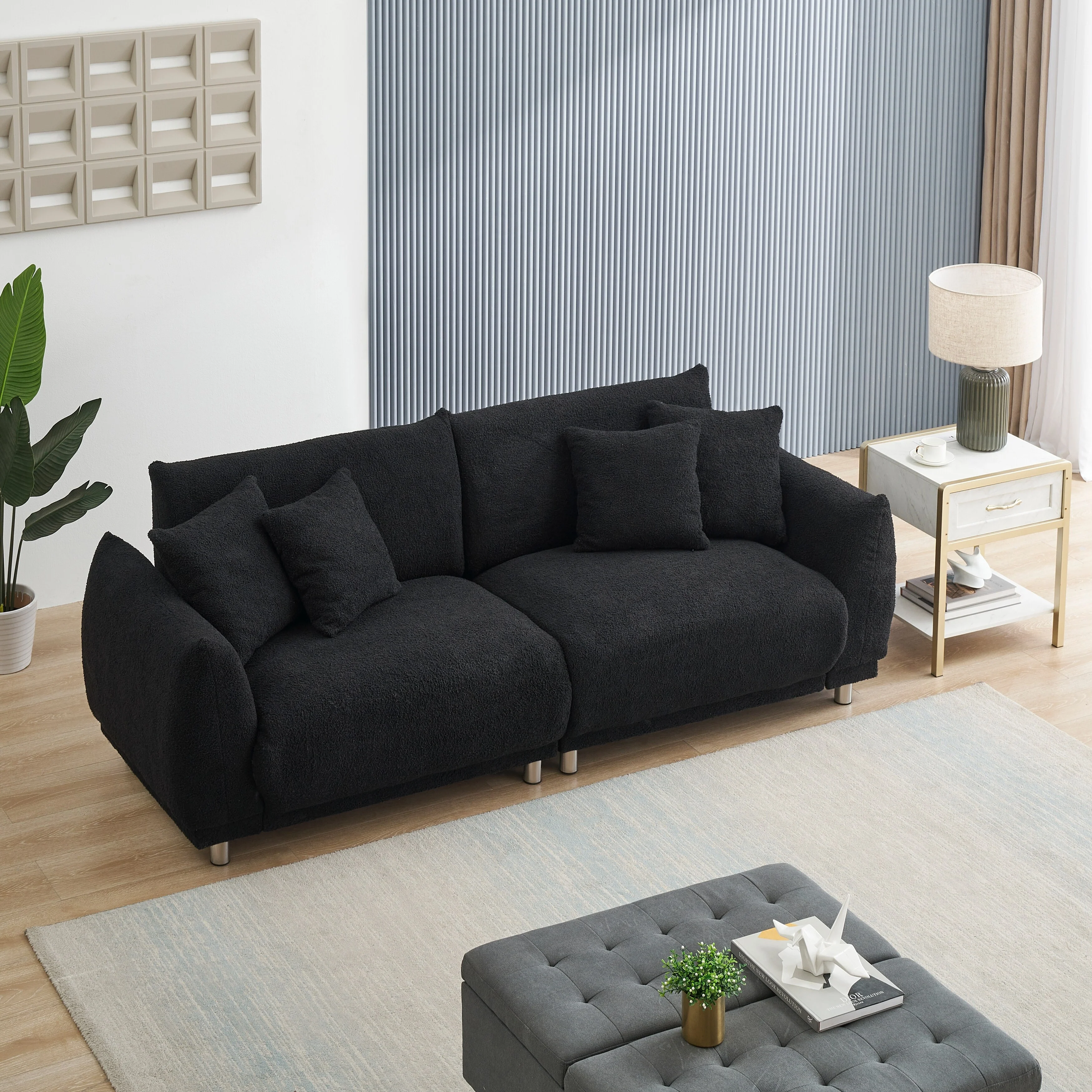 Black 86.6'' Compact Teddy Wool 3-Seater Sofa: Stain-Resistant Upholstery, Metal Legs, and 4 Decorative Pillows