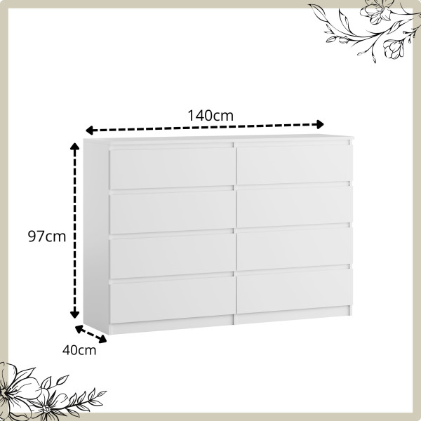 Komoda BASIC 8 szuflad – Biała | 140x97x40 cm