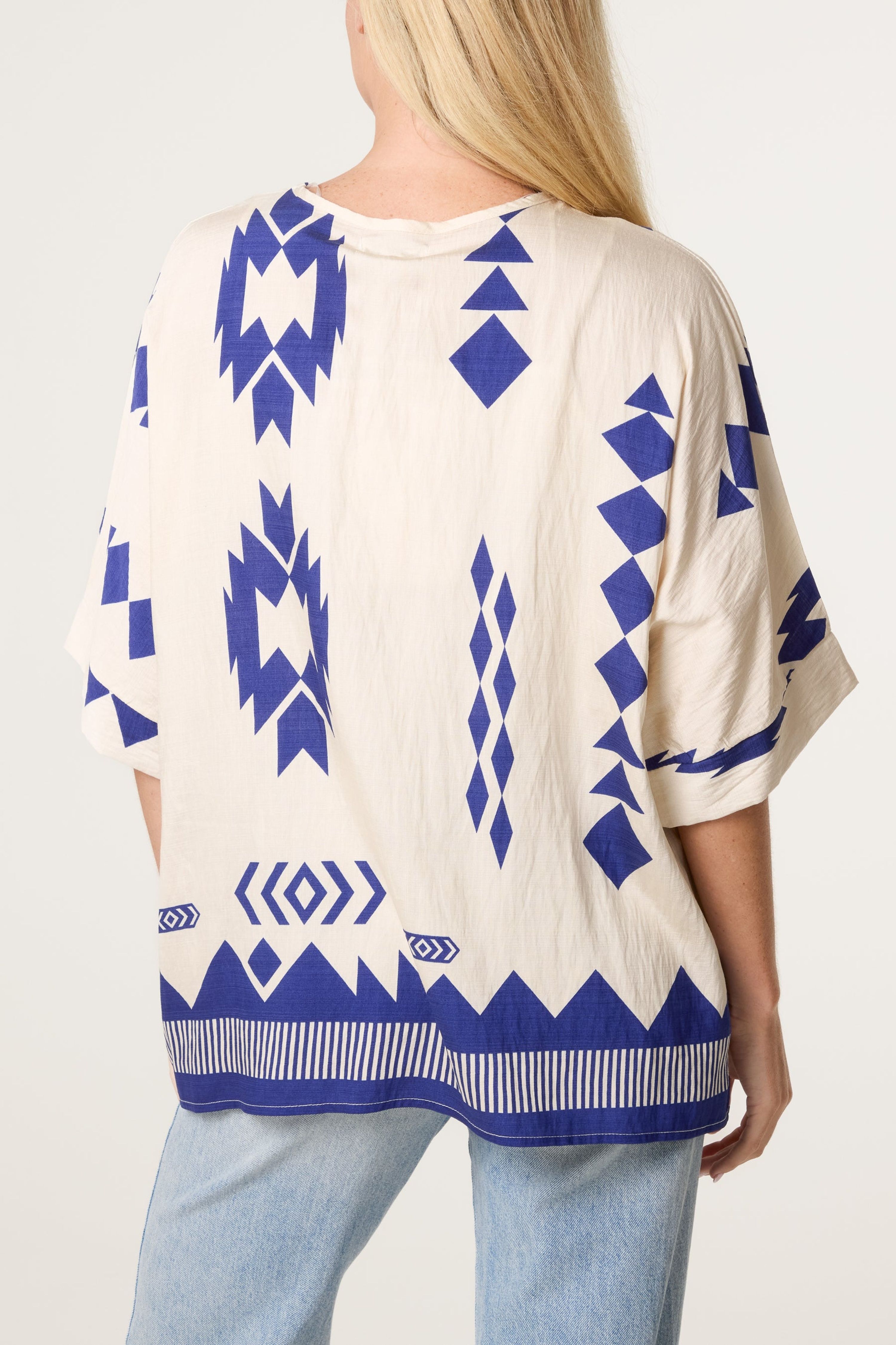 Blue Vanilla Beige Linen Geometric Print Top