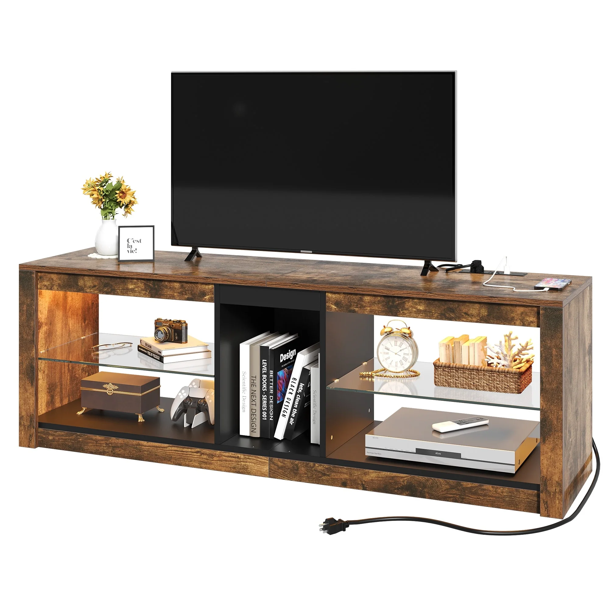 Moasis LED RGB TV Stand w/ Power Outlets for TVs up to 55/60 Entertainment Center with Glass Shelves