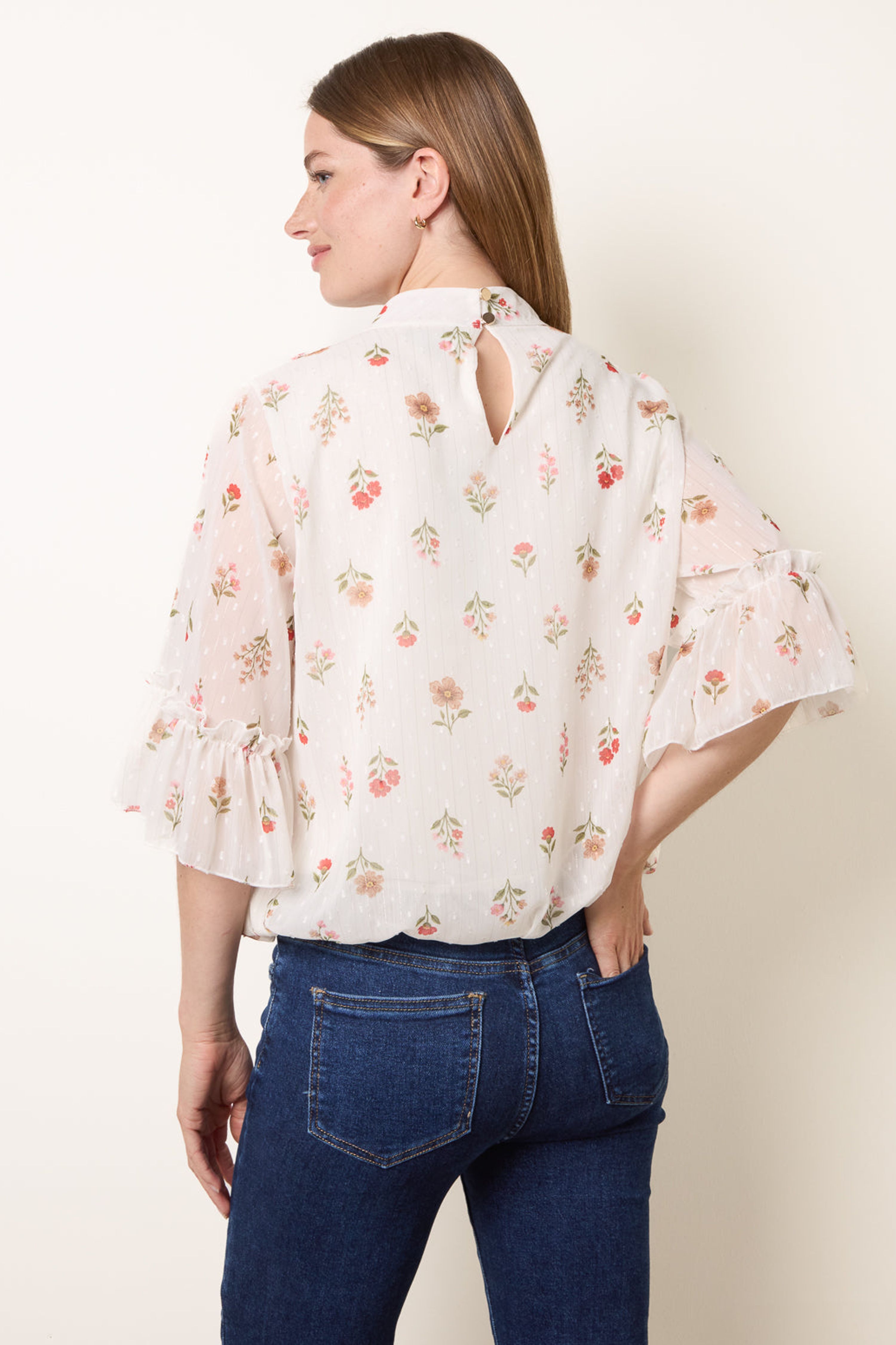 Blue Vanilla White High Neck Frill Sleeve Dobby Floral Print Puffball Blouse