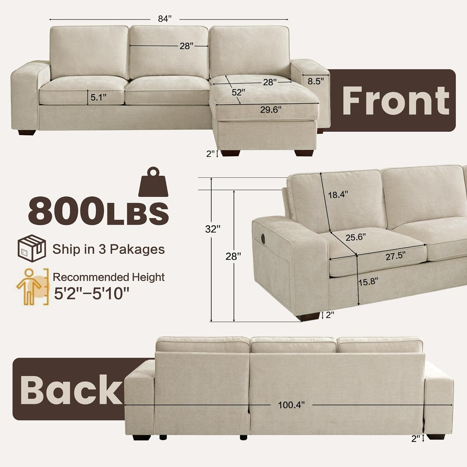 PARKOL 99 L-Shaped Sectional Couch with Storage, Sofa with Reversible Chaise, USB Type-C Charging, Chenille Fabric, Removable Cushion Covers, for Small Space, Apartment, Living Room, Beige