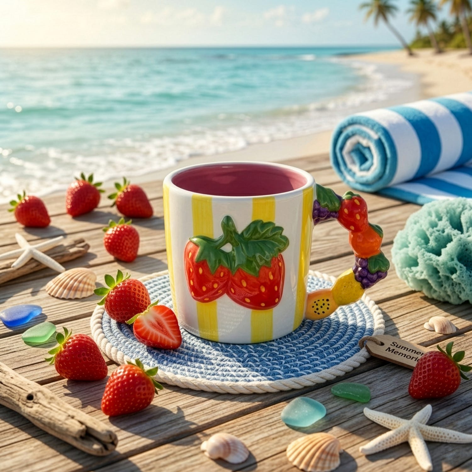 Tazza fragole righe gialle 530 ml Florafruit ceramica
