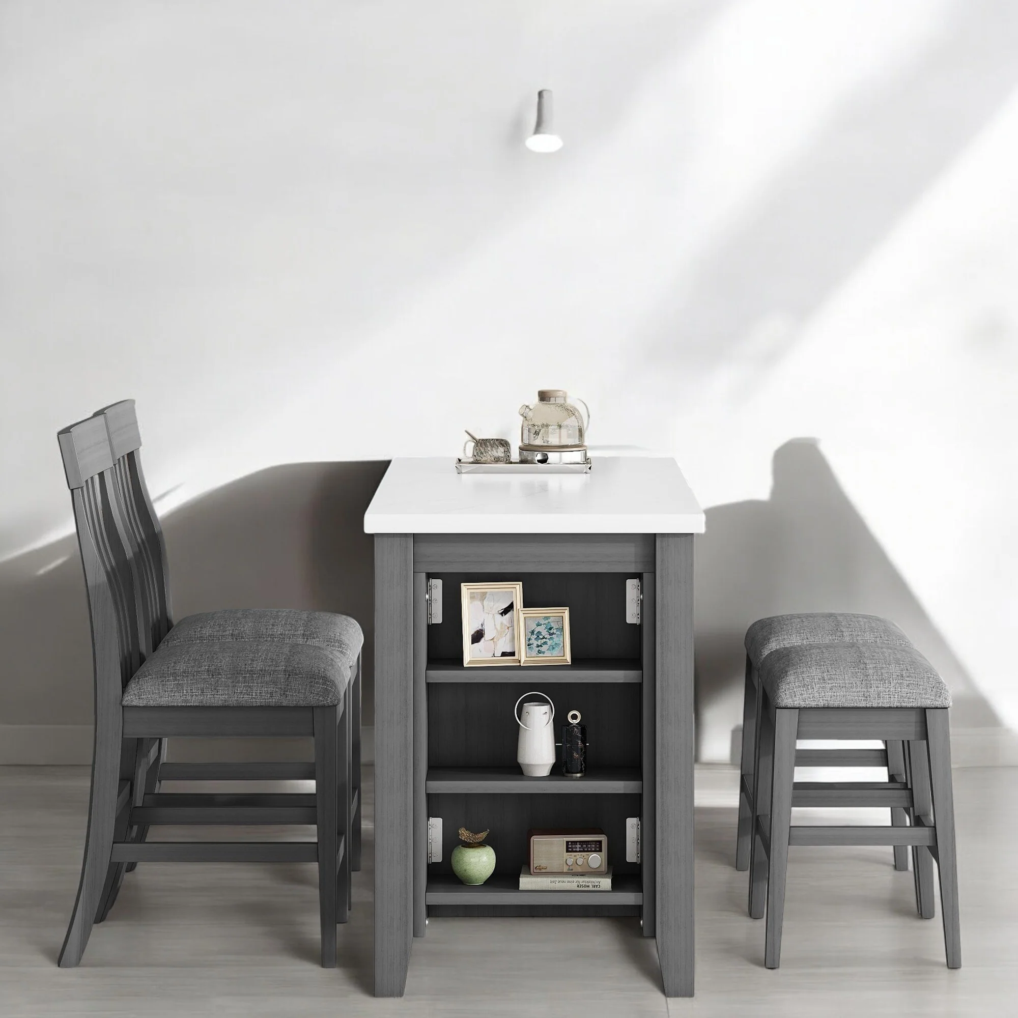 5-Piece Counter Height Dining Table Set with Faux Marble Top, Built-in Storage, 2 Chairs & 2 Stools for Kitchen or Dining Room