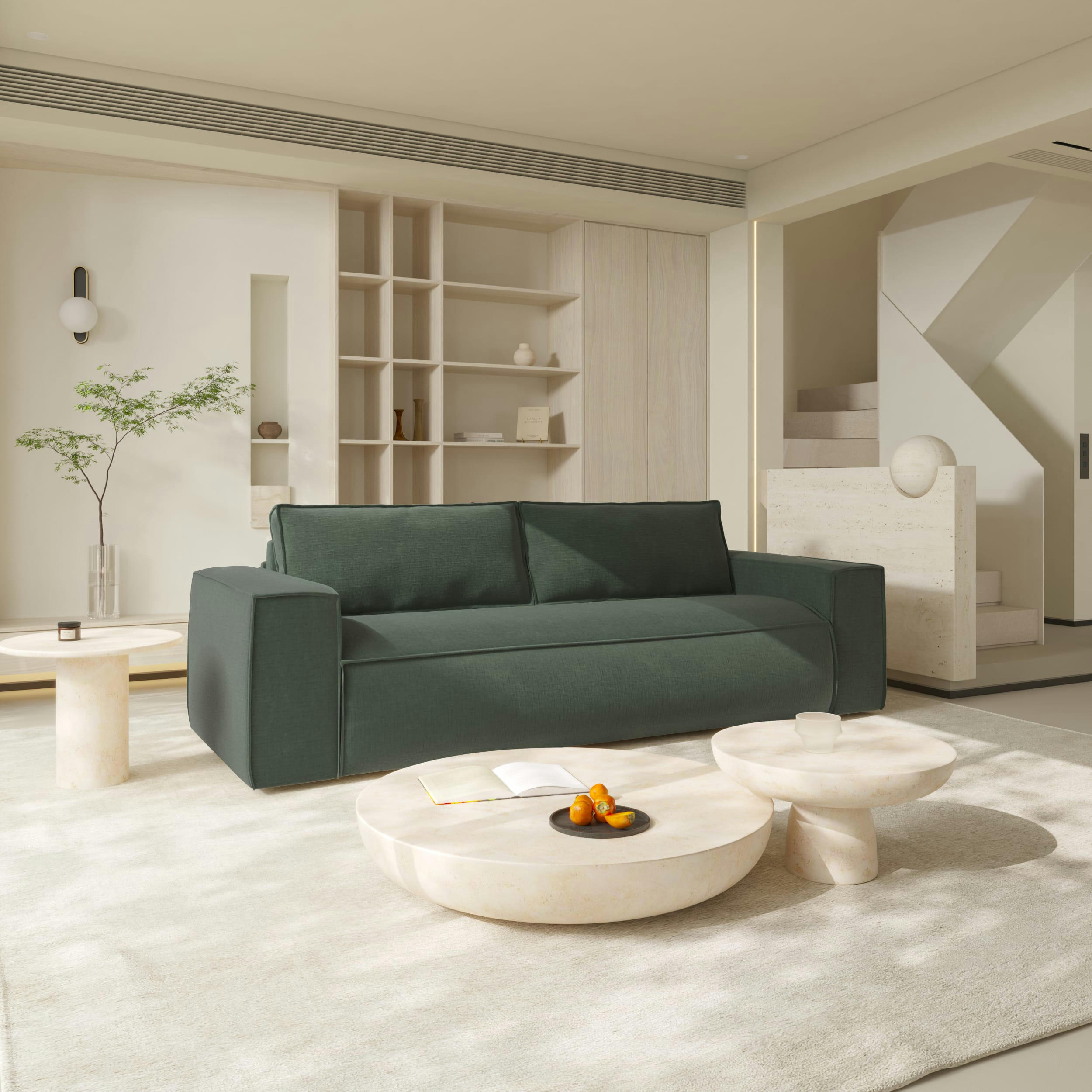 JOAN - Canapé convertible express dunlopillo velours texturé vert 140cm