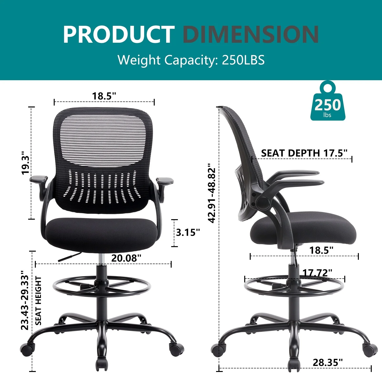 Adjustable Height Ergonomic Drafting Chair with Flip-Up Arms