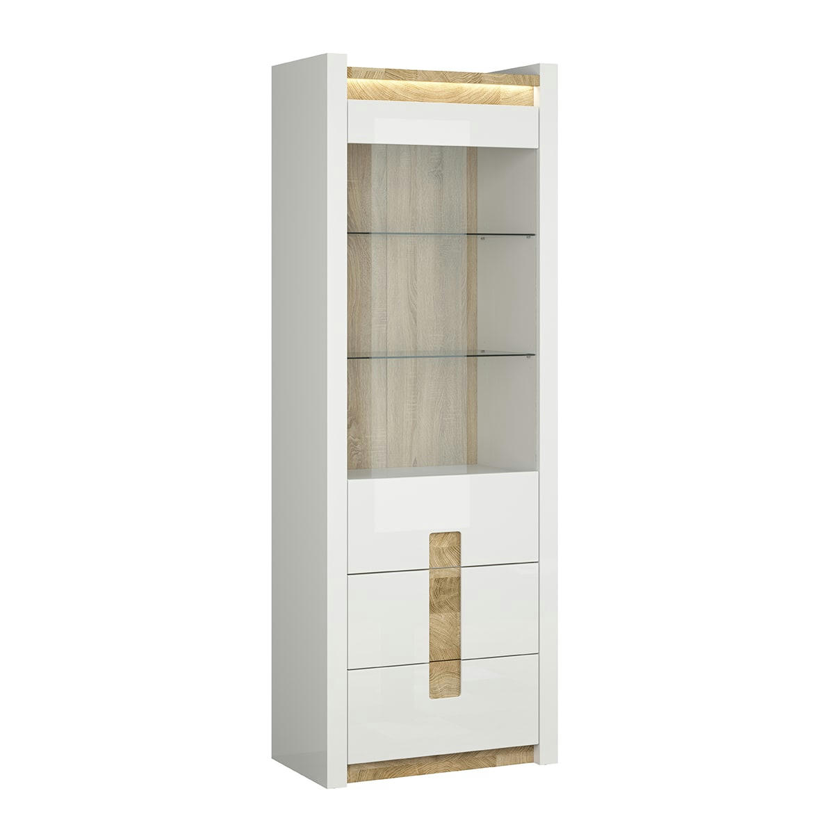 - Vitrine 1 porte 2 tiroirs avec led blanc laqué et naturel