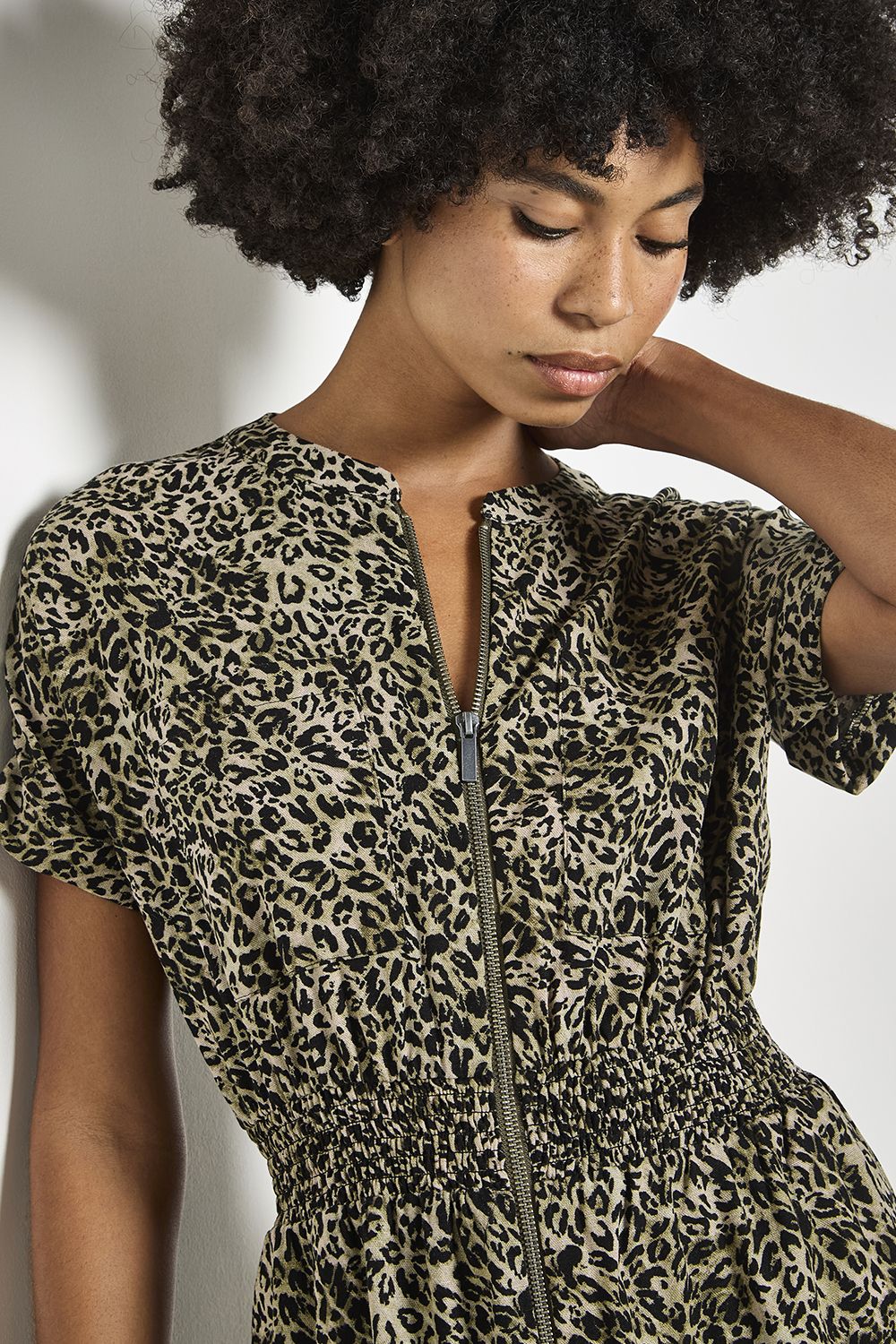 Apricot Leopard Print Zip-Down Mini Dress