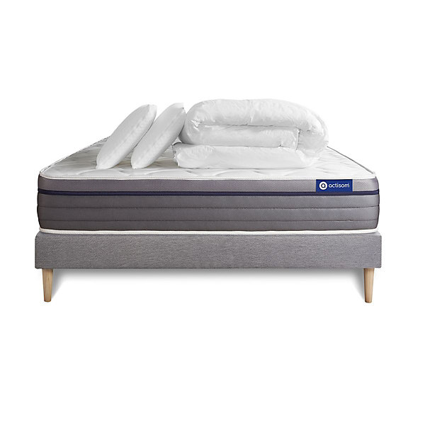 Pack sommier kit matelasRessorts ensachés et mémoire de forme avec couette et oreillers