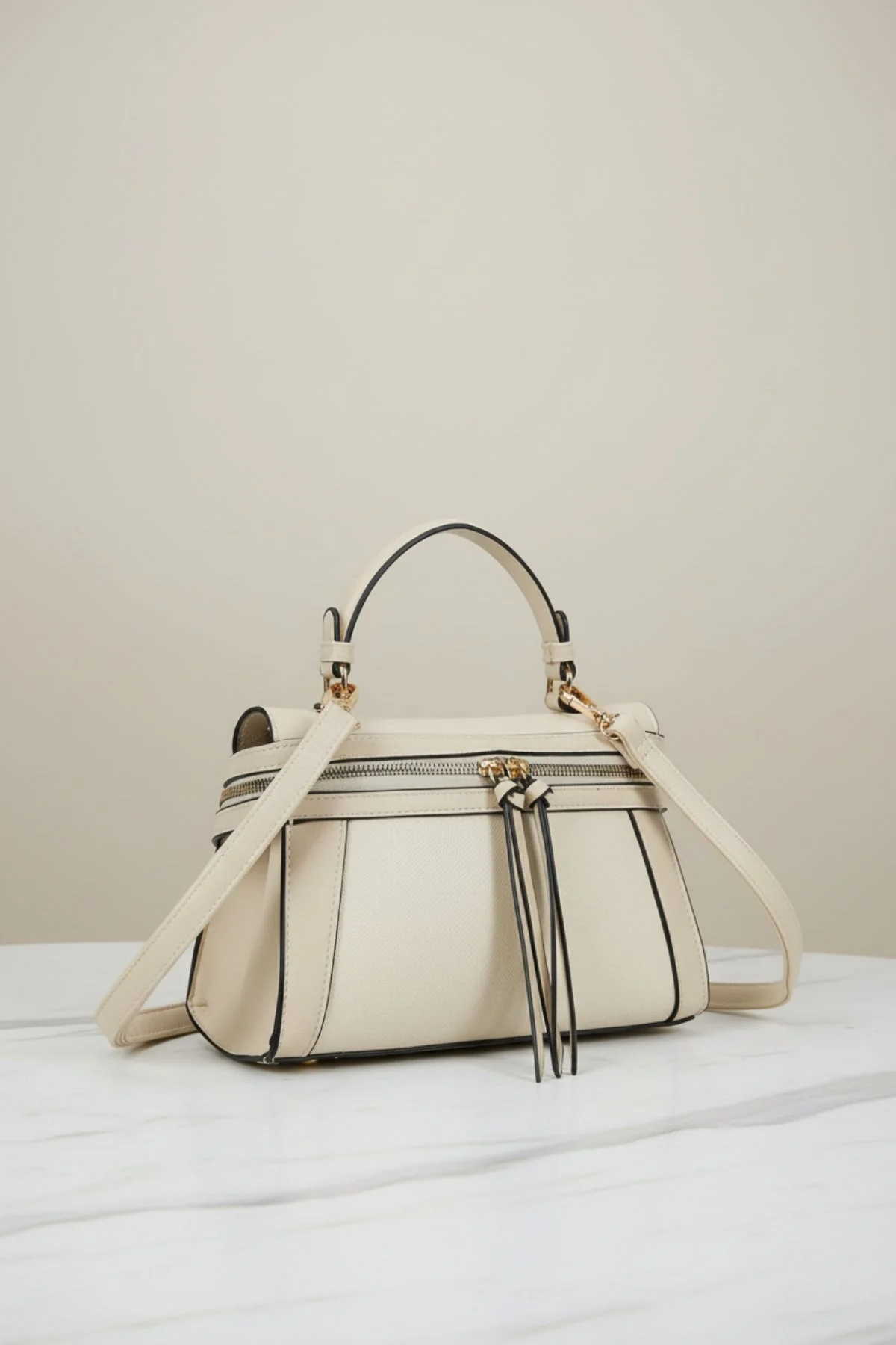 Beige Zip Detail Grab Handle Bag