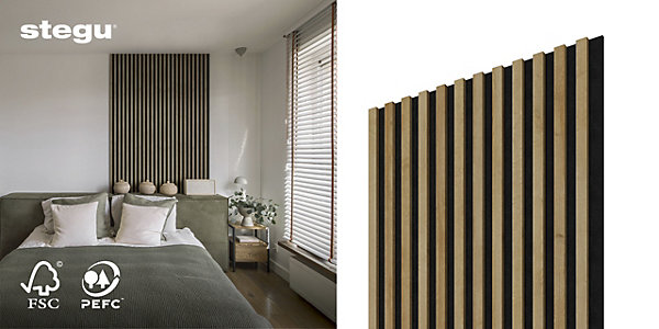 Panneau Tasseau Acoustique effet tasseau bois en feutre 1200mm x 605mm chêne sur noir Linea Proline Stegu