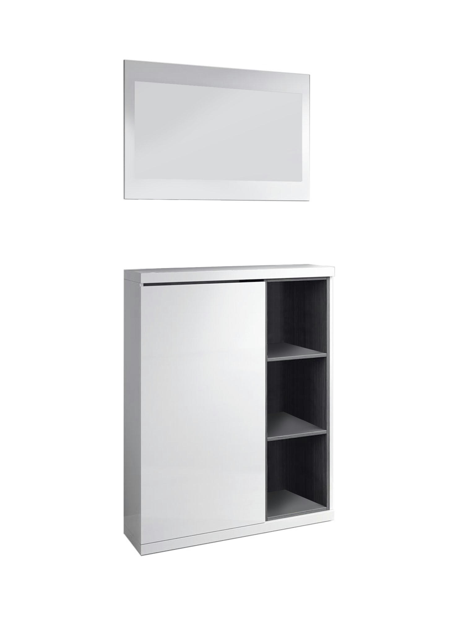 DURHAM - Meuble d'entrée avec miroir effet bois blanc et gris cendré