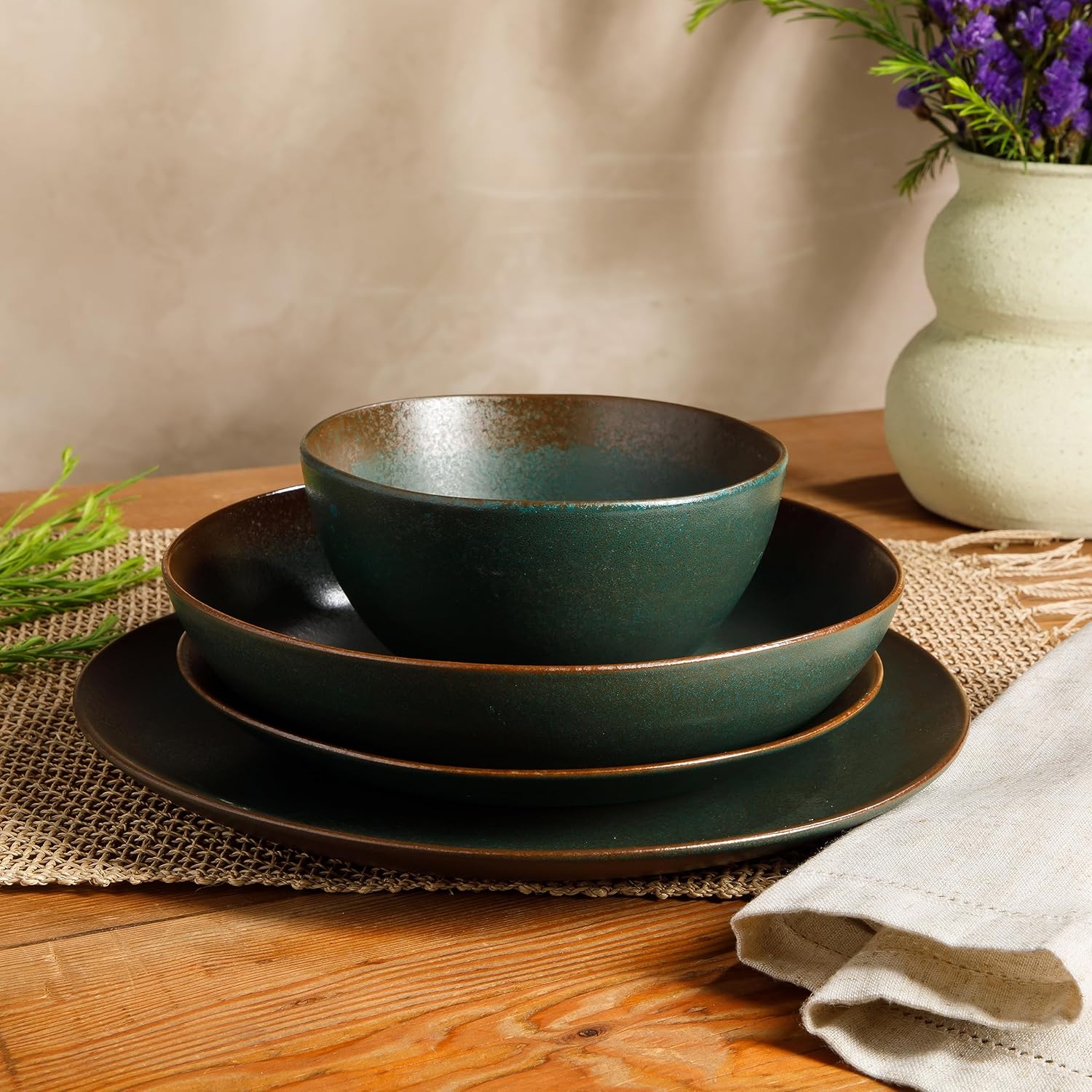 Bloomhouse - Two Time Oprah's Favorite Things Winner - Palermo Sun Double Bowl Stoneware Reactive Glaze Plates and Bowls Dinnerware Set - Agave Blue, Service for Four (16pcs)