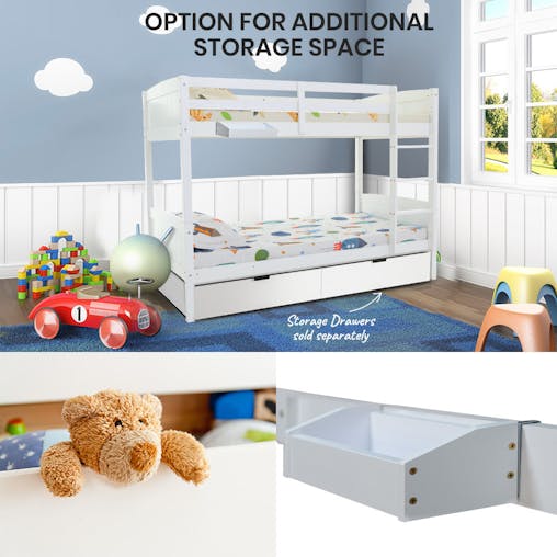 NNEMB Single Bunk Bed Frame Solid Pine Wood Timber-Modular Design-White