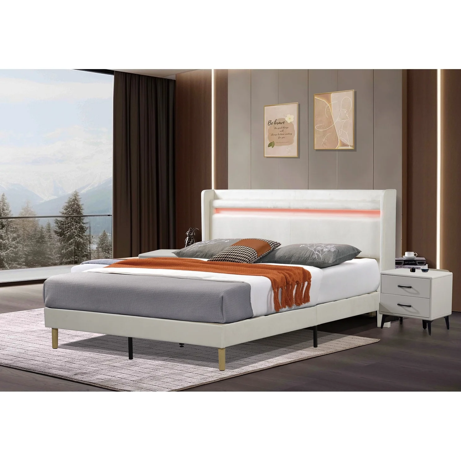 Upholstered Platform Bed Frame with Wingback Headboard and Button Tufting, Queen