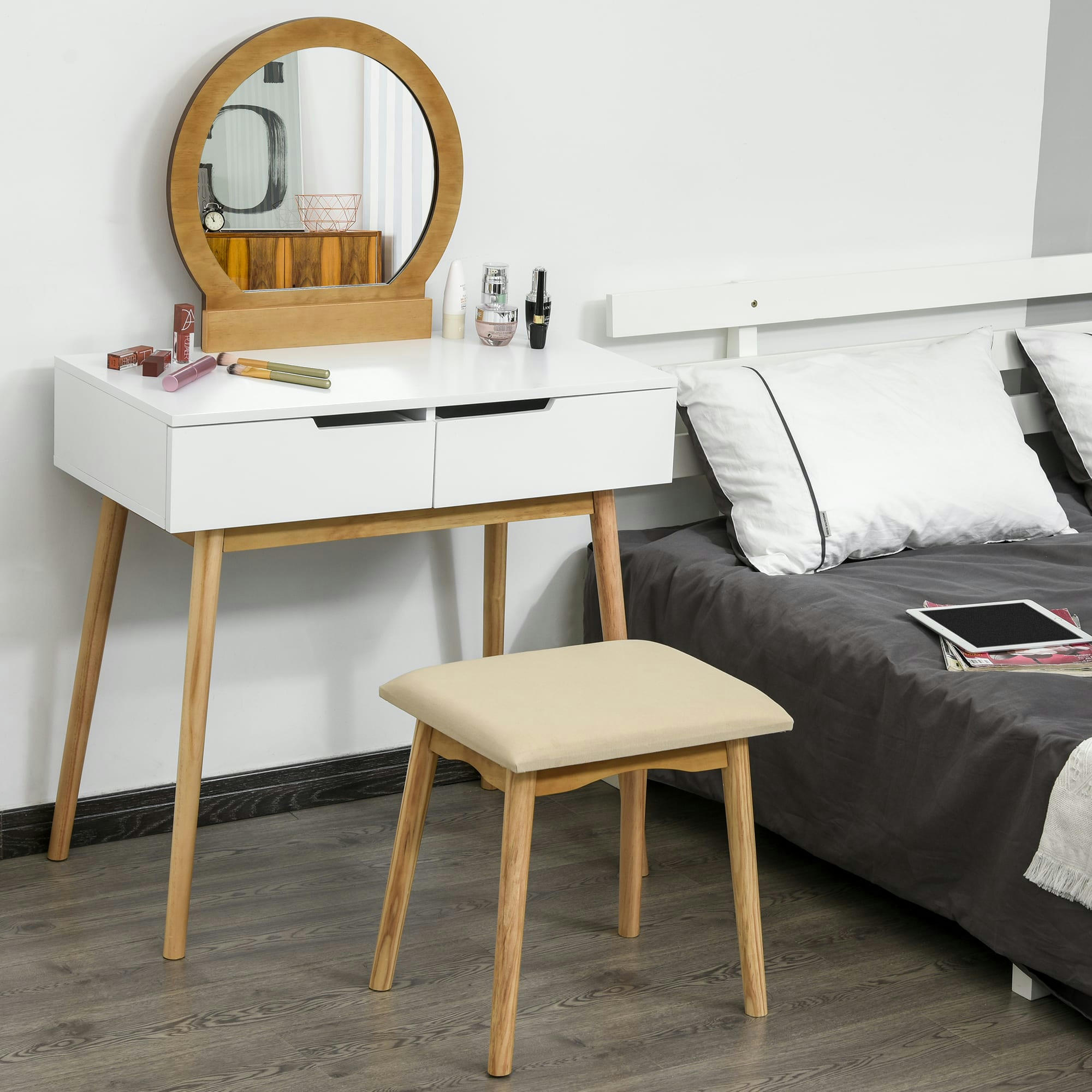 - Coiffeuse design scandinave miroir 2 tiroirs tabouret blanc pin clair