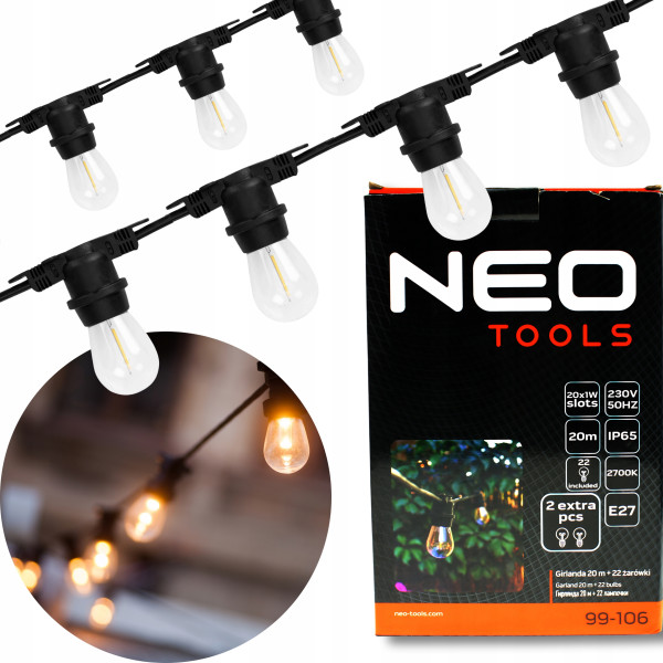 Girlanda świetlna ogrodowa lampki led 20m   22 żarówki NEO
