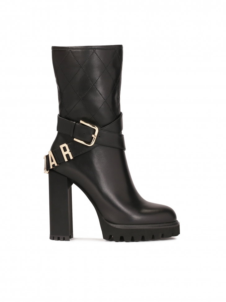 Stiletto booties with a logoed strap around the upper