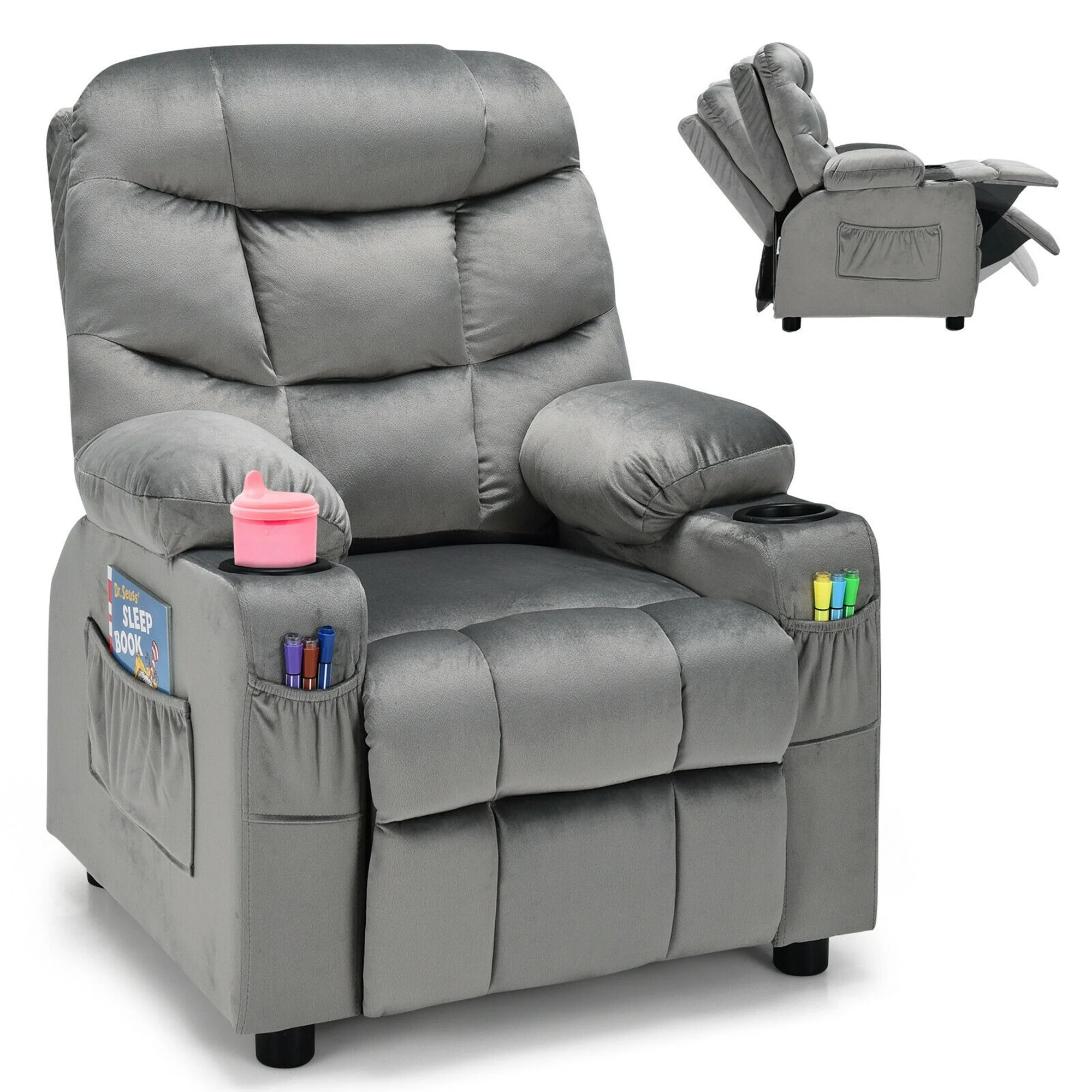 Gymax Kids Youth Recliner Chair Velvet Fabric w/Cup Holder & Side