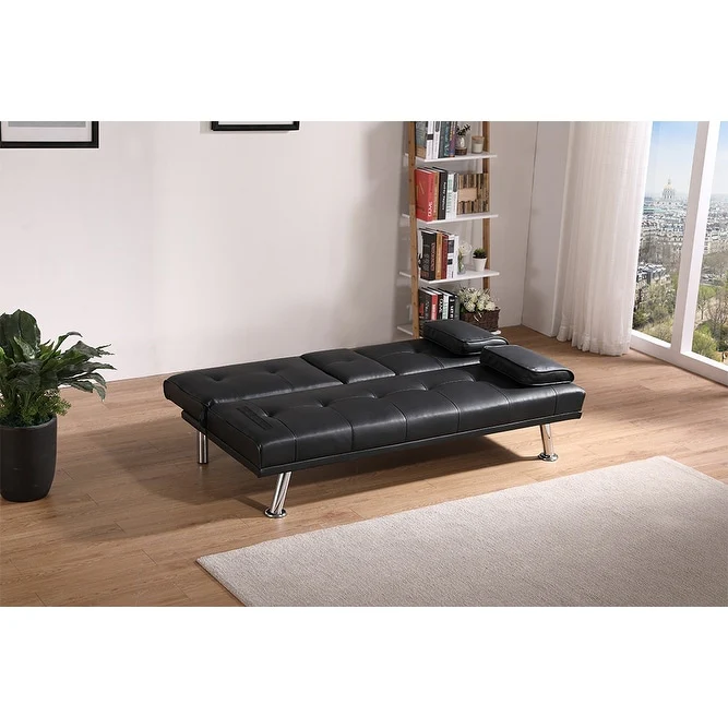 Leather Office Double Folding Sofa Bed with Matching Coffee Table, Multifunctional Design