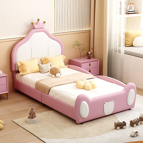 Lit 90x200 cm rembourré en simili cuir bicolore blanc et rose avec tête en forme de couronne, design enfant