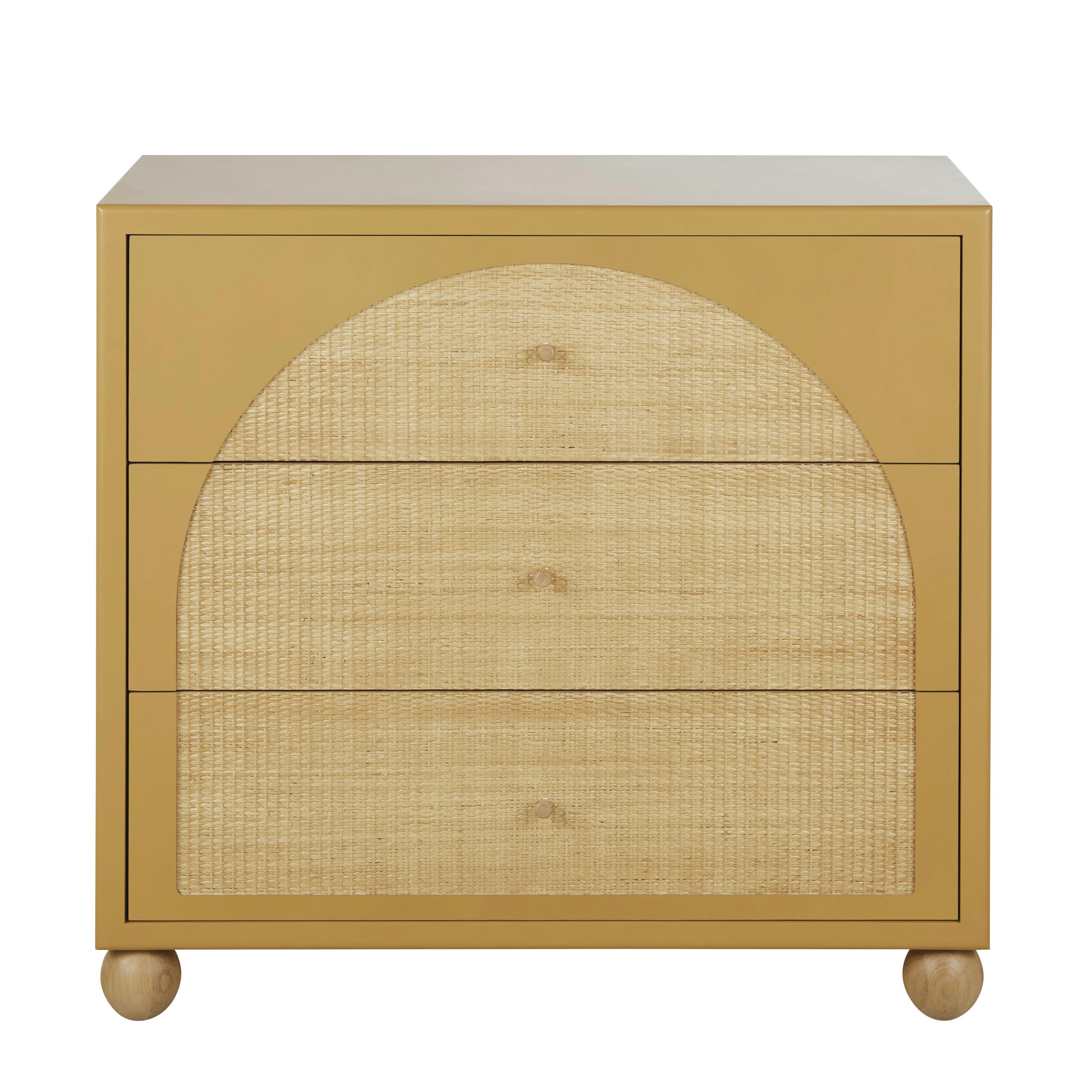 DABALI - Commode haute 3 tiroirs ocre et rotin tressé