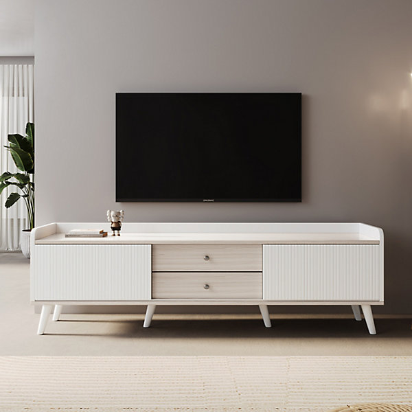 Meuble TV Double Tiroir 160 Cm, Table Basse Double Porte Coulissante, Texture Délicate,blanc Et Bois