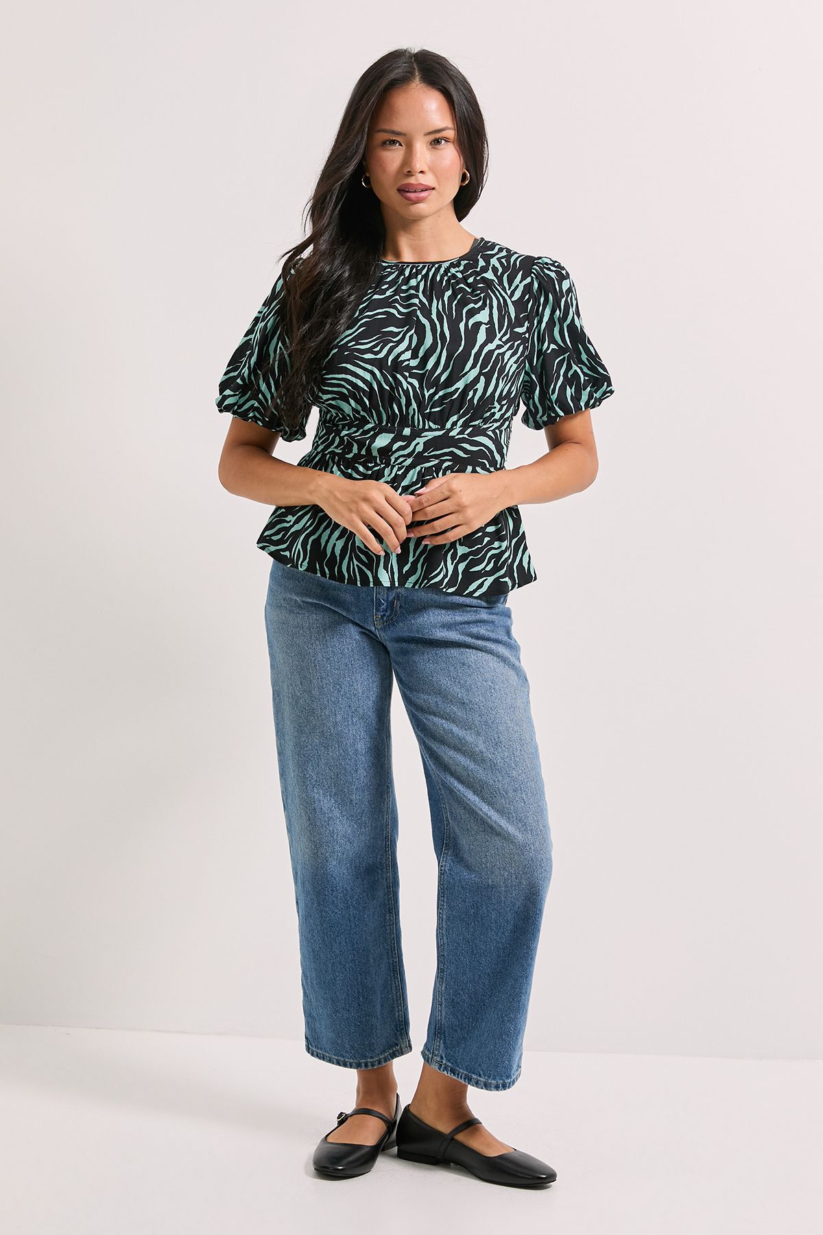 Dorothy Perkins Green Zebra Print Contrast Binding Peplum Top