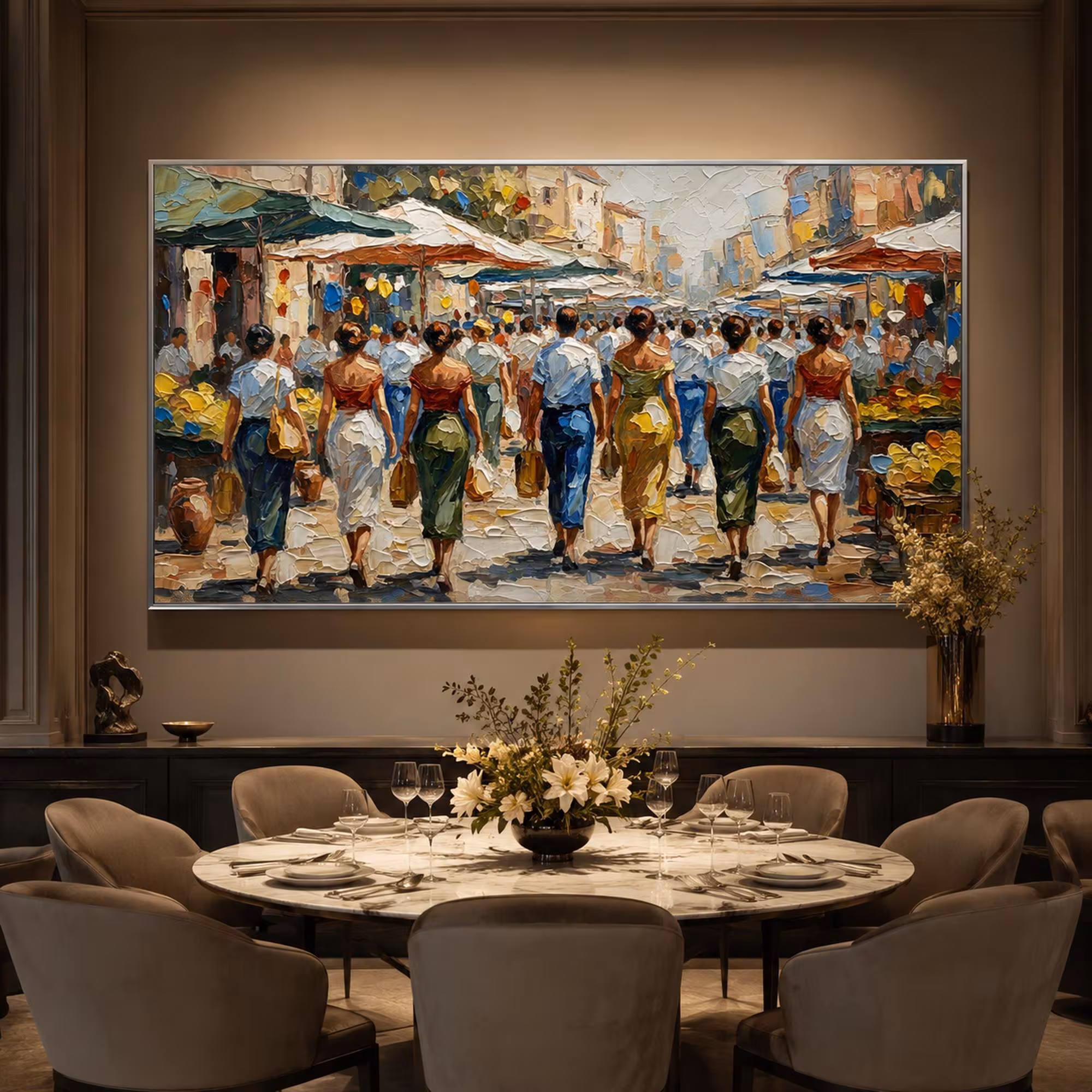 Textured Market Street Oil Painting, Figurative City Scene Wall Art