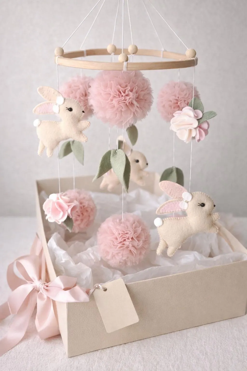 Bunny baby mobile with tiul pom poms, rabbit nursery decor, crib mobile, baby shower gift