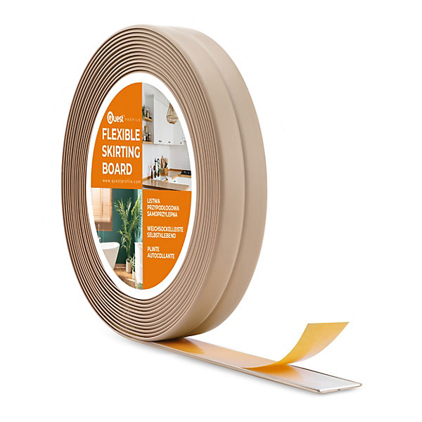 Moulure Souple en PVC 10x10 mm, Auto-Adhésive avec Bande Mousse, Plinthe Souple, pour Finitions et étanchéité des Jonctions, beige